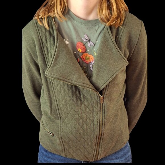 Athleta Belvadere Moto Jacket Green Quilted Softshell Zip Front Size M - Picture 2 of 11